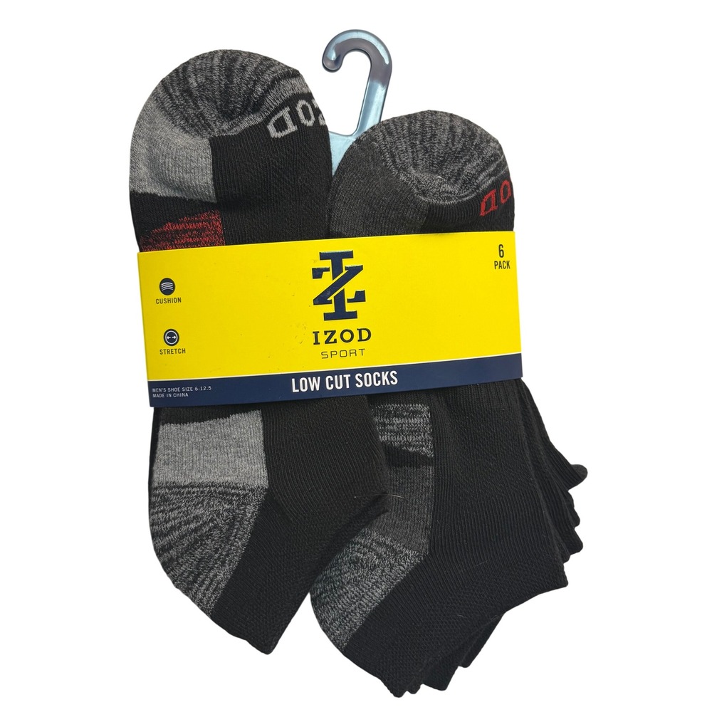 IZOD Sport Mens Low Cut Socks 6 Pack Black Grey Size 6-12.5